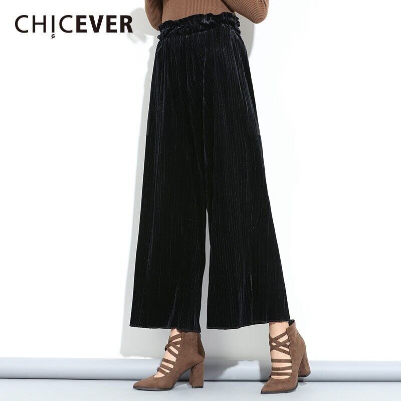 CHICEVERオータムベルベットウェイトパンツレディースワイドレッグパンツルーズビッグサイズブラックアンクルレングスパンツ 秋物 ワイドパンツ 6base510540866158