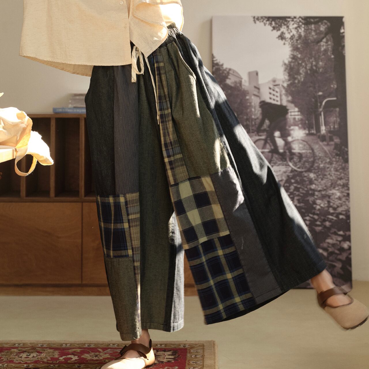 パッチワークデザイン ハイウエスト ワイドパンツ Ln00075