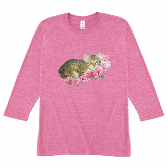 七分袖Tシャツ ピンク ネコ 猫 薔薇 バラ Tシャツ レディース rose AIMI NATURE ARTS