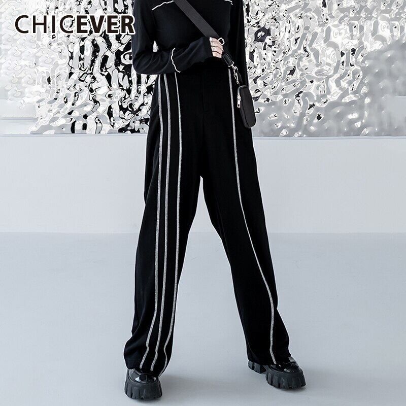 CHICEVERワイドレッグパンツレディースウエストストライプヒットカラールーズポケットフルレングスパンツ2020服 ワイドパンツ 6base55891963700