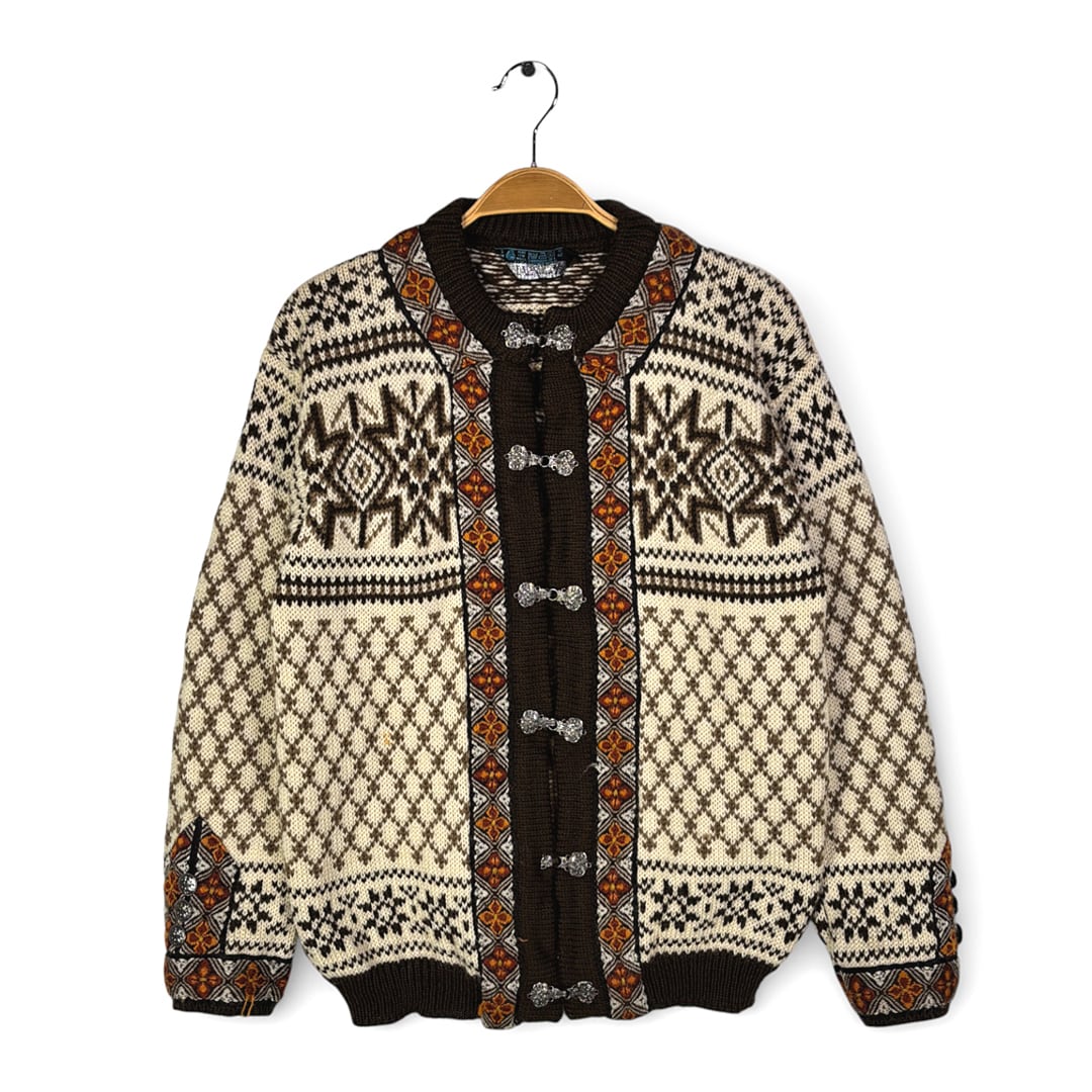 70s DALE OF NORWAY ヴィンテージ ノルディックセーター メタルフック ウールセーター ブラウン系 サイズM 古着 CH1102