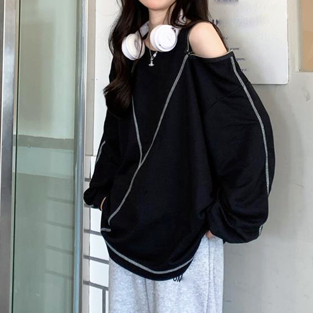 肩開き ロング Tシャツ レディース 春秋冬 トップス 肩出し 原宿系 ストリート 大人 かわいい きれいめ 肌見せ カジュアル 大人可愛い 大人女子