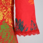 【美品 ハワイ製 フラダンス衣装】レッド T&L MUUMUU FACTORY ワンピース ドレス 赤 緑 黄 オレンジ フリル 七分袖 葉っぱ柄