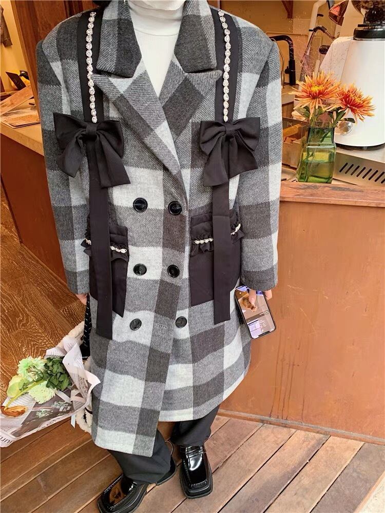 2カラー 】チェック リボン ジャケット デニム リボン 黒 茶 グリーン