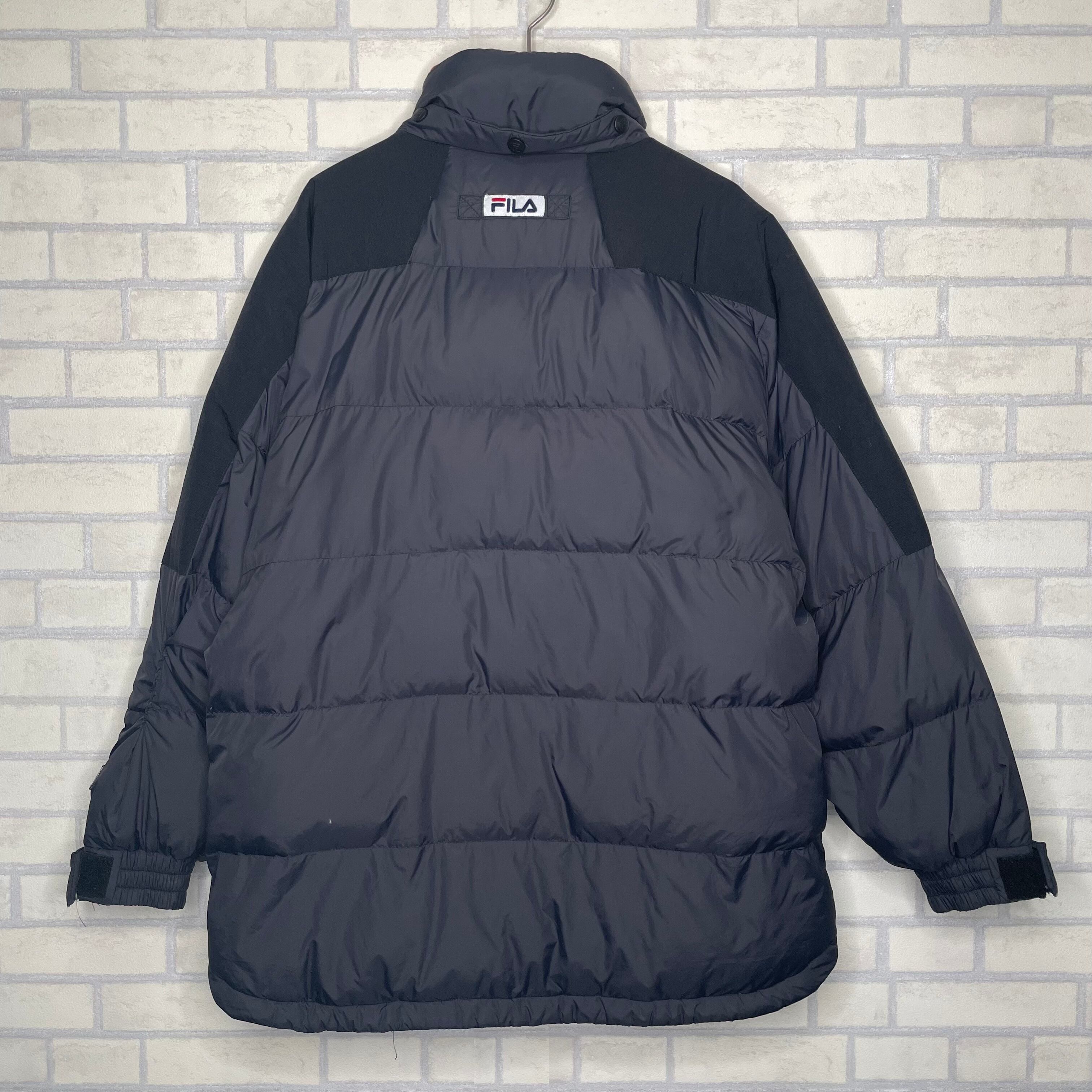 FILA ダウンジャケット M ネイビー ブランド刺繍 フルジップ ポケット 