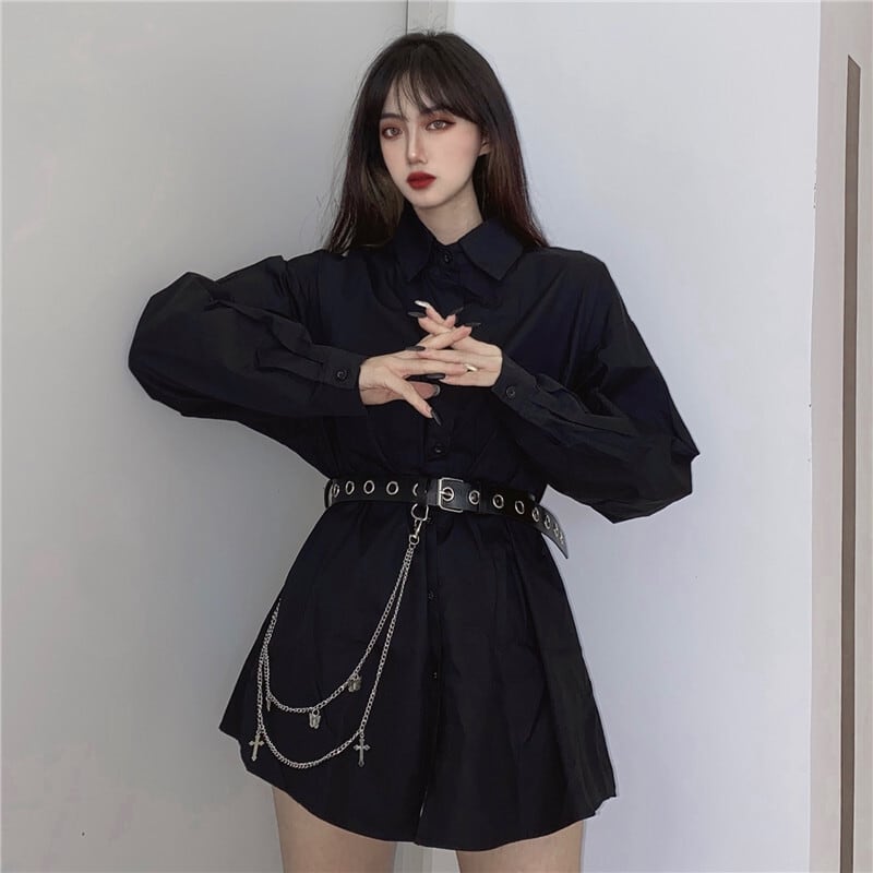 ルーズシャツ スタイルダークスプリングブラックトップス ロング かわいい 春物 ケッペル61147162168