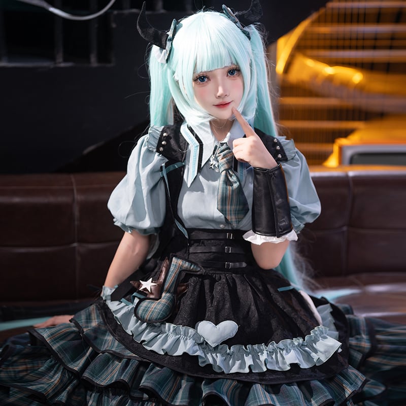 ゴスロリ セットアップ チェック柄×星屑装飾 アイドル風 サイバー