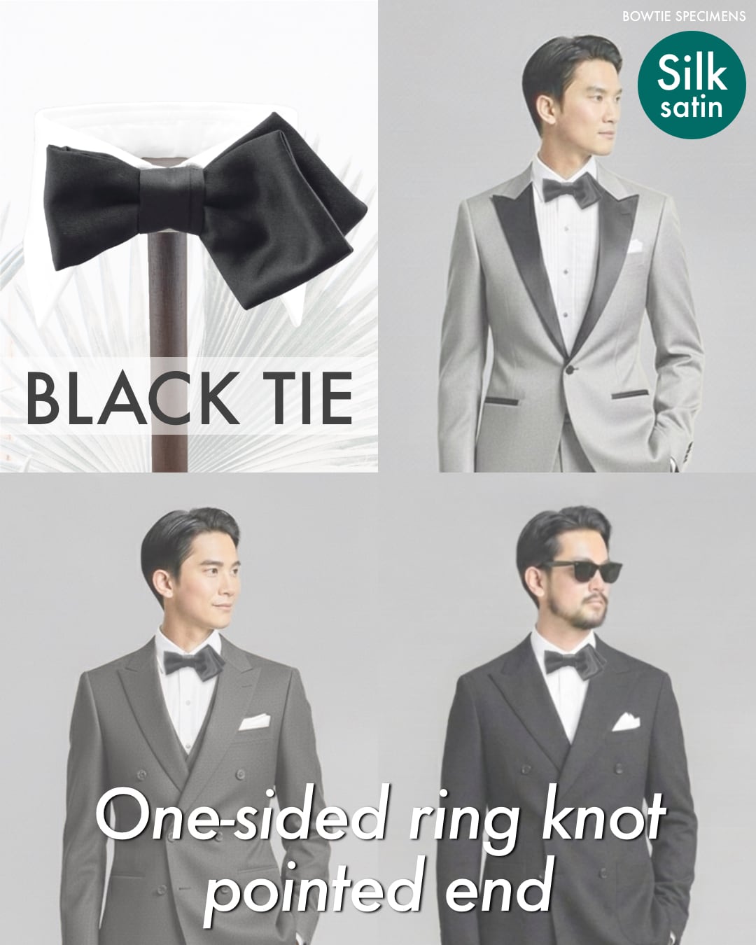 片わな結び・ポインテッドエンド (ブラックサテン/ソリッド) 作り結び型〈蝶ネクタイ デザイン ポインテッド 黒 bowtie specimens〉