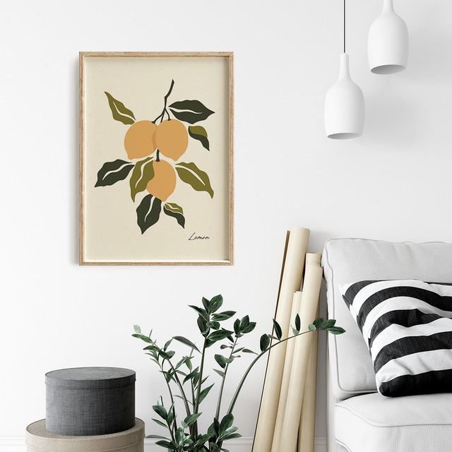 フルーツと抽象画のポスター　/ i1413 / パイナップル、アプリコット、洋梨など　アートポスター