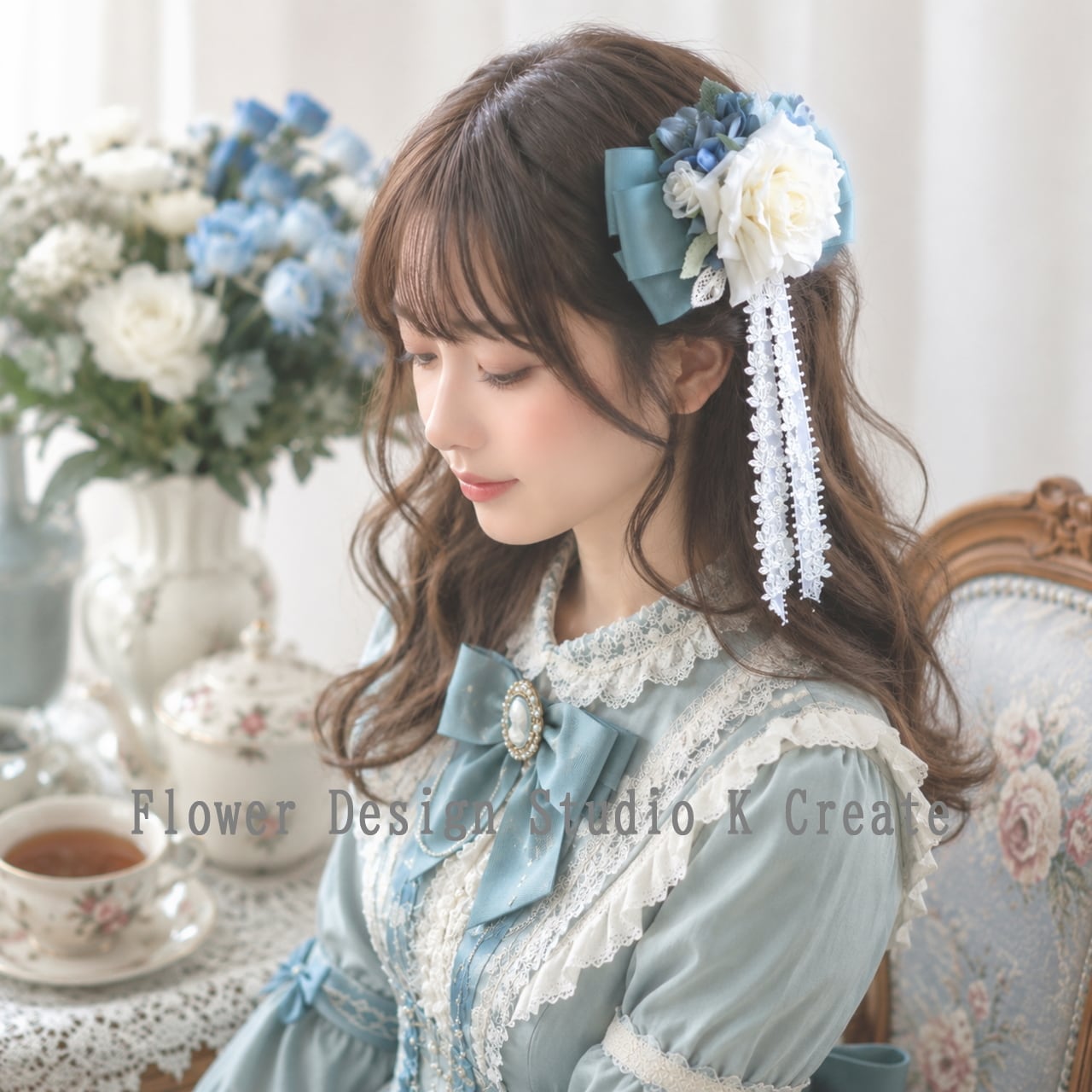 成人式・卒業袴・発表会に♡白い薔薇と青いダリアのヘアクリップ 発表会 着物髪飾り ブルー 成人式 結婚式 卒業袴 青 リボン レース ロリータ