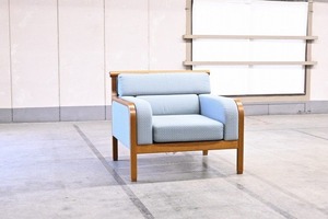 天童木工 イージーチェアa ナラ材 1人掛けソファ 水色 剣持勇 剣持デザイン研究所 リビング ロビー 応接室 ファブリック クッション【中古家具/中古インテリア/USED家具ユーズド家具/リサイクル】