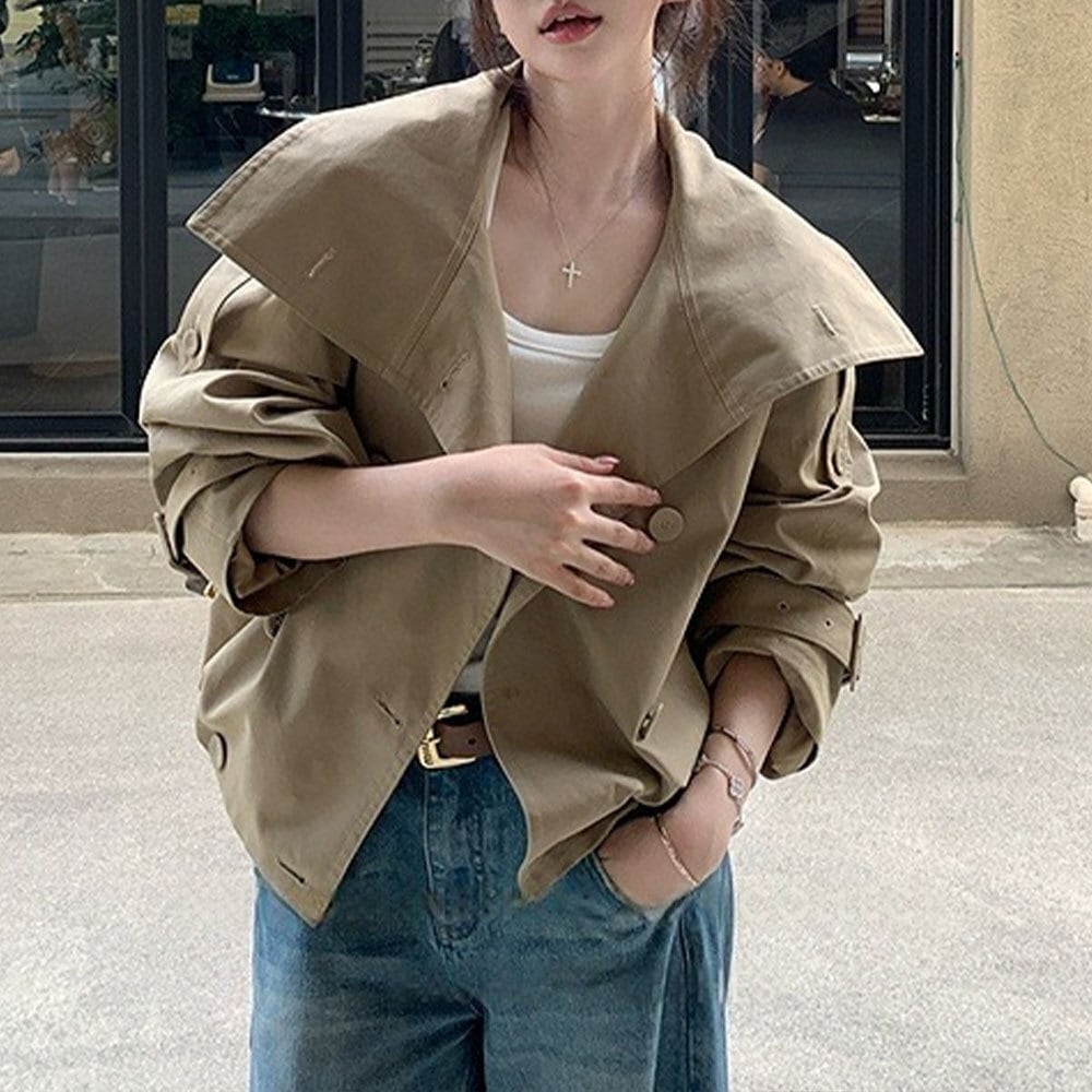 【送料無料】 スプリング コート ショート丈 レディース 春秋 韓国 アウター スタンドカラー きれいめ 大人 カジュアル 通勤 ビジネス オフィス レトロ おしゃれ 薄手 大人可愛い 大人女子