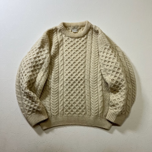 80s Ireland L.L.Bean　アランセーター　ウール　ハニカム　ケーブル　ニット　エルエルビーン　アイボリー　M 古着