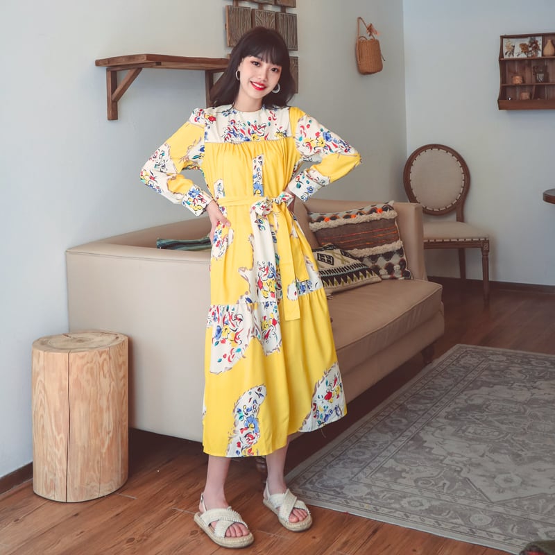 スプリングサマースタンダードイエローボヘミアン自然派スタイルロングプリントルーズドレス レトロ 春物 夏物 スカート 延命家ファッション12759189293