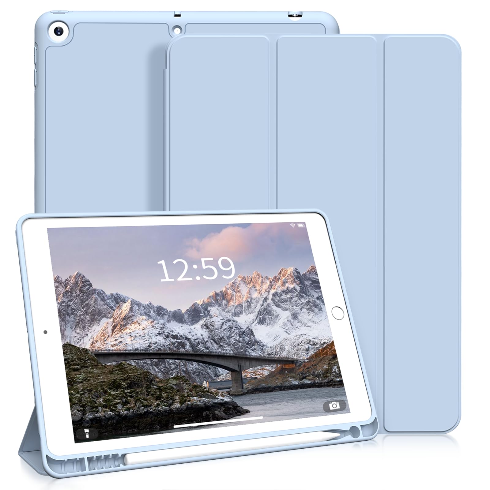 SQBEBS iPad 9.7 インチ 第6世代 / 第5世代 ケース (2018/2017) ペンシルホルダー付き オートスリープ/スリープ解除 スリム 耐衝撃 三つ折り スタンドケース ソフトTPU バックカバー A1822 A1823 A1893 A1954 に対応 ライトブルー