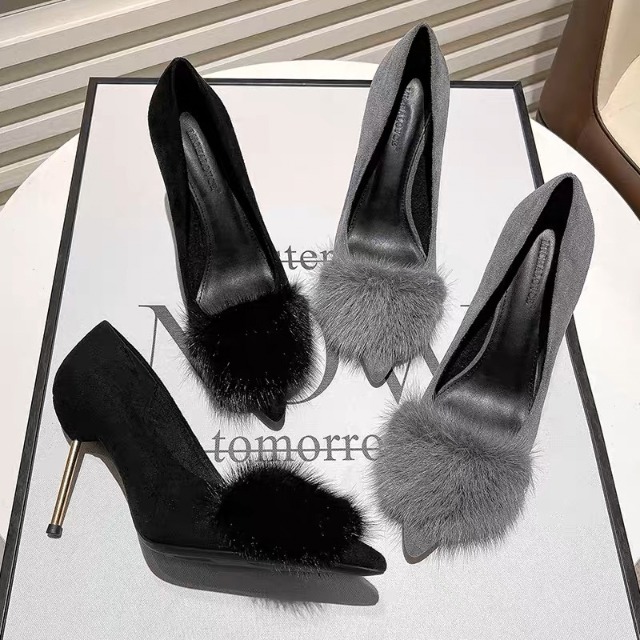faux fur and suede high heels m1031