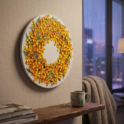 油絵 原画「幸せを呼ぶミモザの輪」ミモザ リース 絵画 花 インテリア