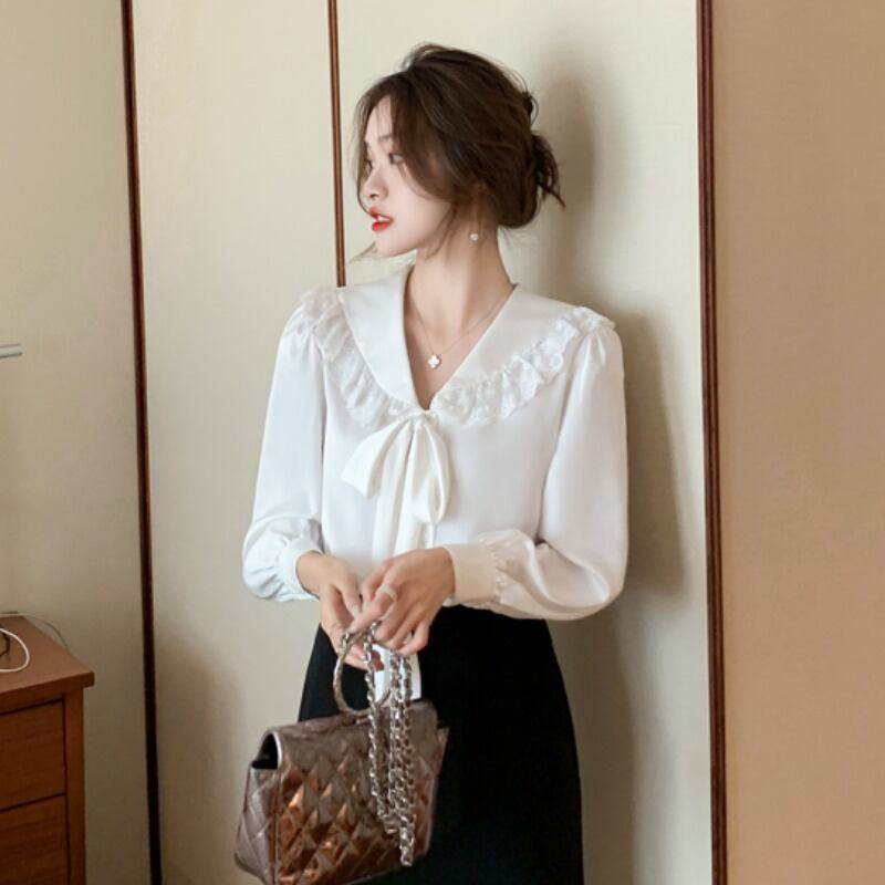 ホワイトシャツ オータムドレス レースシフォントップス 秋物 ステッチ ハンチェンe25448476926