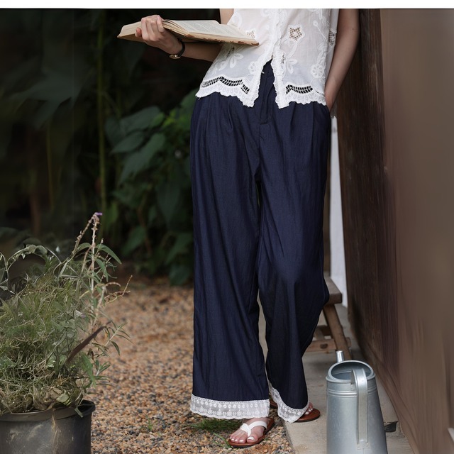 裾レースデザインワイドレッグパンツ　M0397