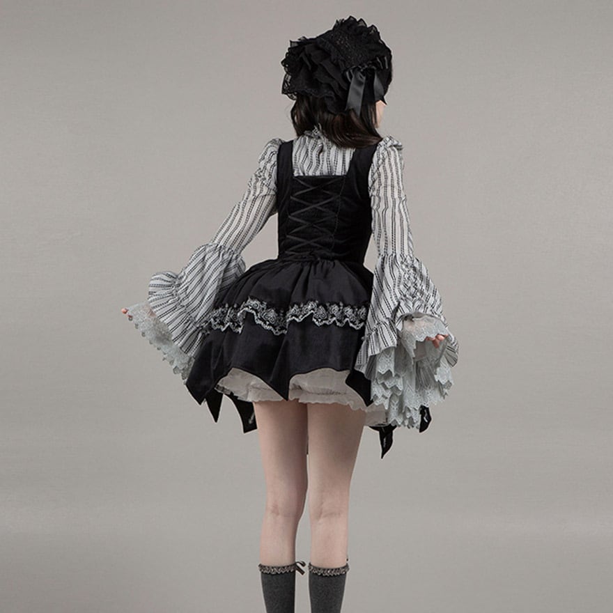 ゴスロリ 5点 セット ストライプブラウス ミニJSK フリル袖 黒白