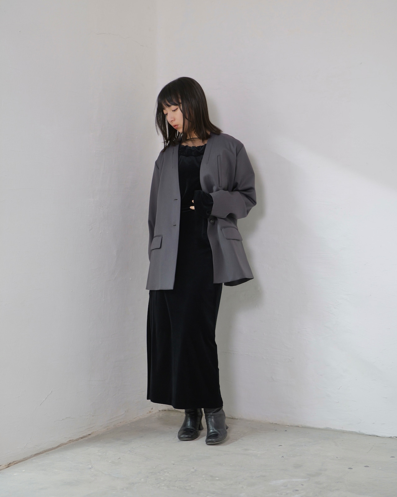 RITSUKO KARITA - Sheer Velour Gather Tops〔plain〕 :Black|透けベロア/ネックギャザー