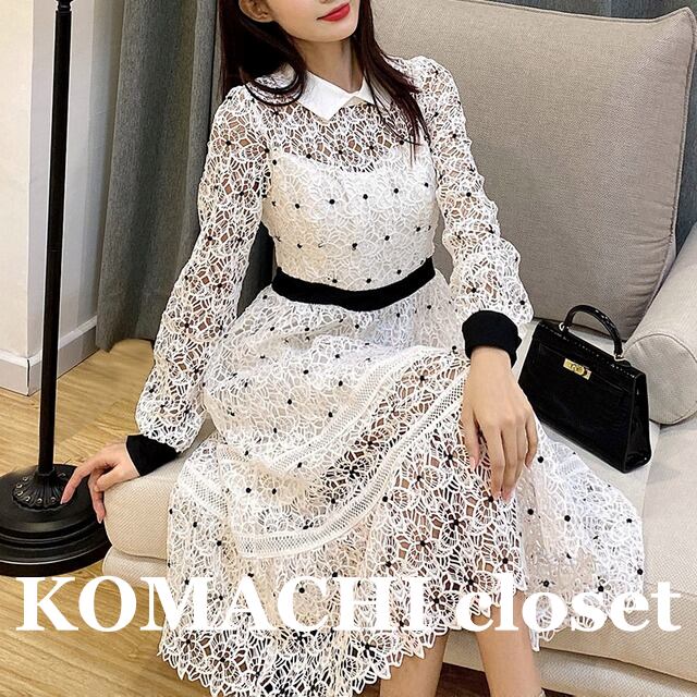 【送料無料】 ワンピース レースワンピース 襟付き 後ろファスナー ひざ下 韓国 レディース オルチャン 袖あり 長袖 襟付き フレア ウエストマーク かわいい 大人可愛い きれいめ シンプル 大人 上品 おしゃれ お洒落 大人可愛い 大人女子 こなれ感 キュート モダン 主役級 存在感 抜け感 春 夏 秋 10代 20代 30代 OL 通勤 通学 デート 女子会 お泊まり 休日 イベント 旅行 着回し 普段使い コーデ スタイル モテ トレンド 白 ホワイト 黒