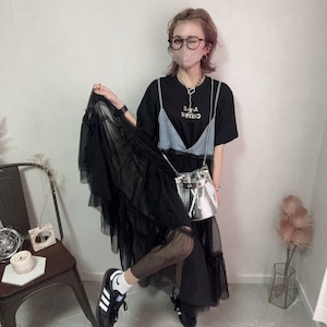 print tee × tulle onepiece set