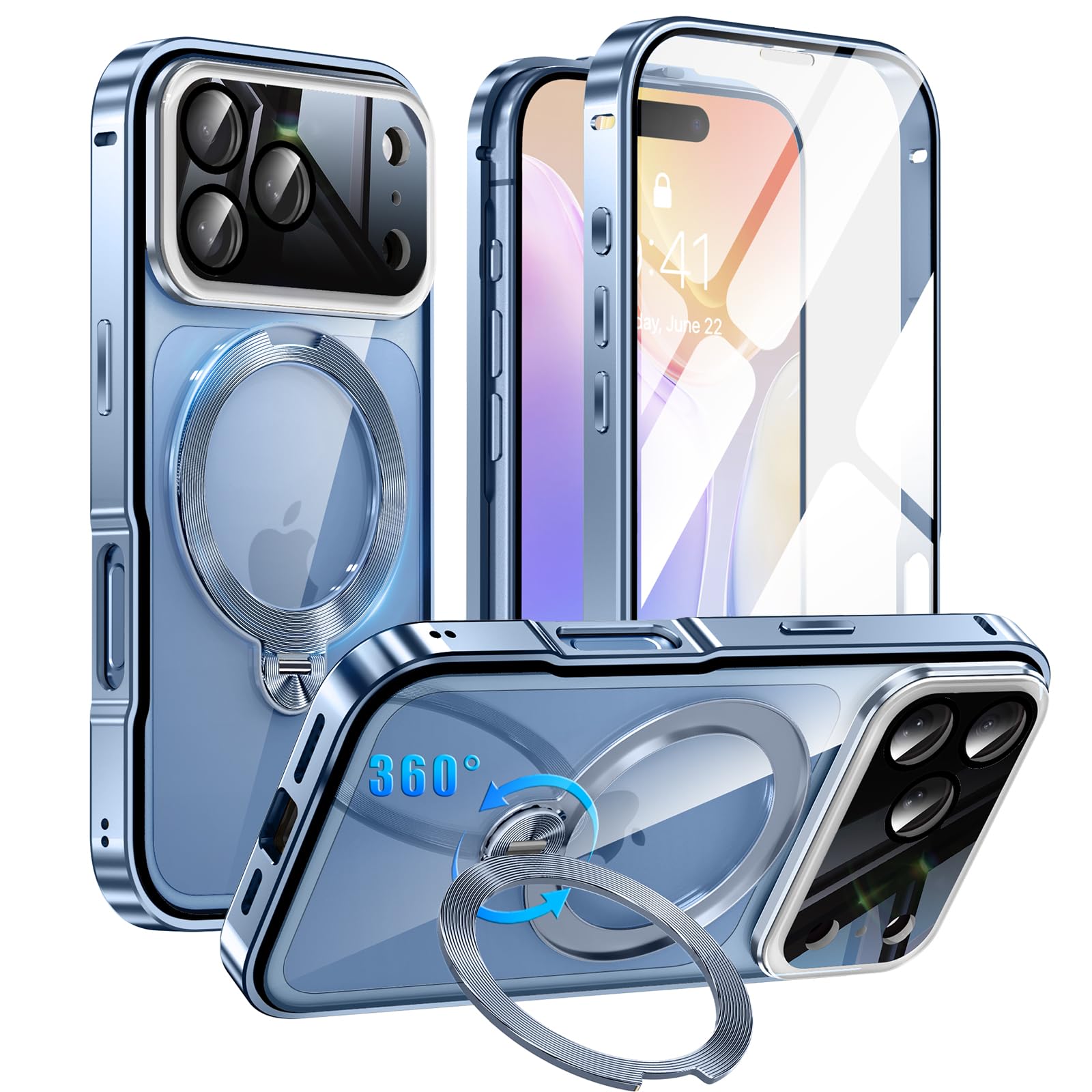 Gunwon iPhone 18 Pro 用 ケース 両面保護 MagSafe対応 360°定点回転スタンド CDリング 一体型フィルム・グレイシャー