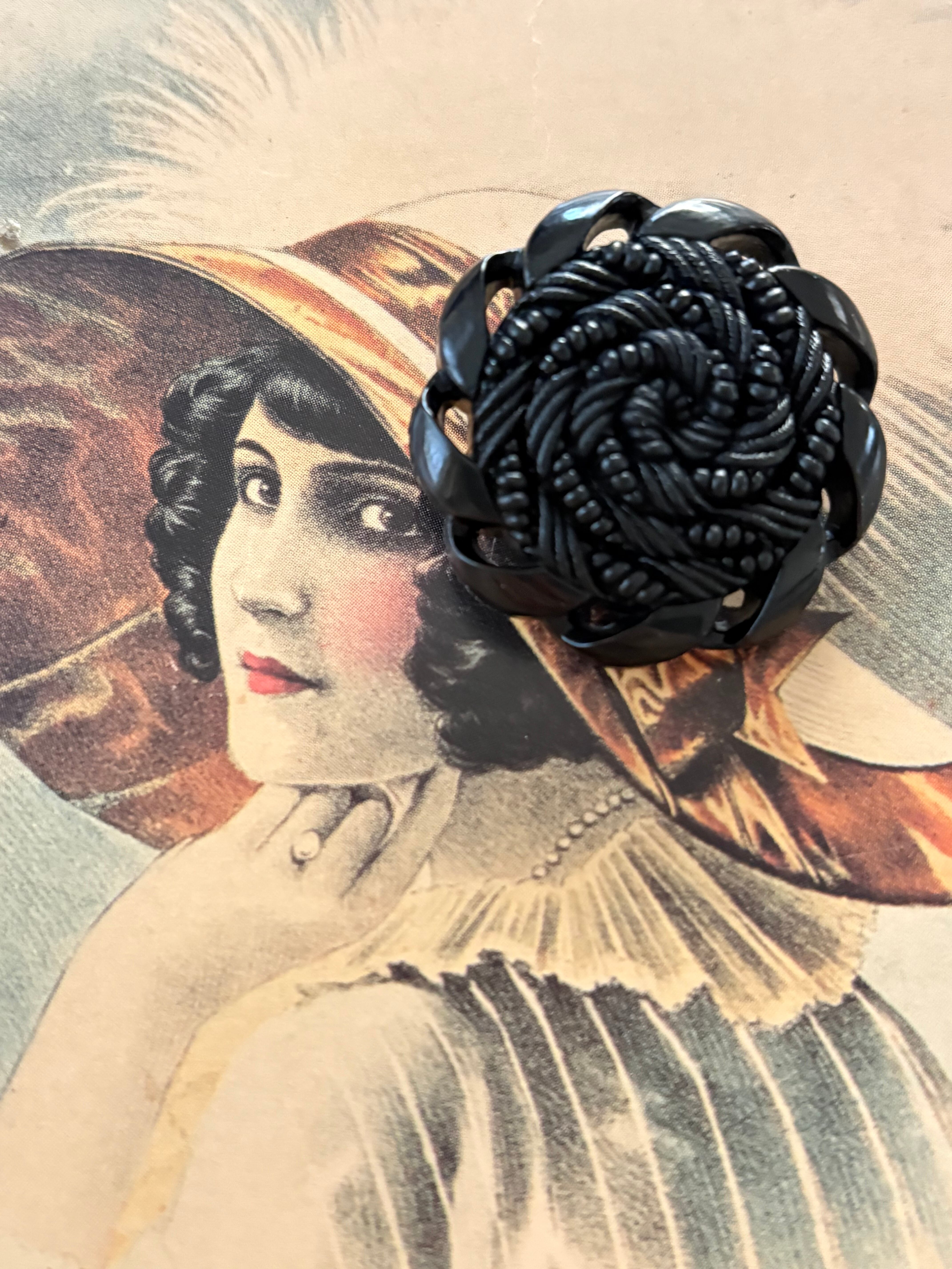 30mm Japanese ヴィンテージボタン コード調 プラスチックボタン ブラック アクセサリーパーツ 装飾材 カルトナージュ