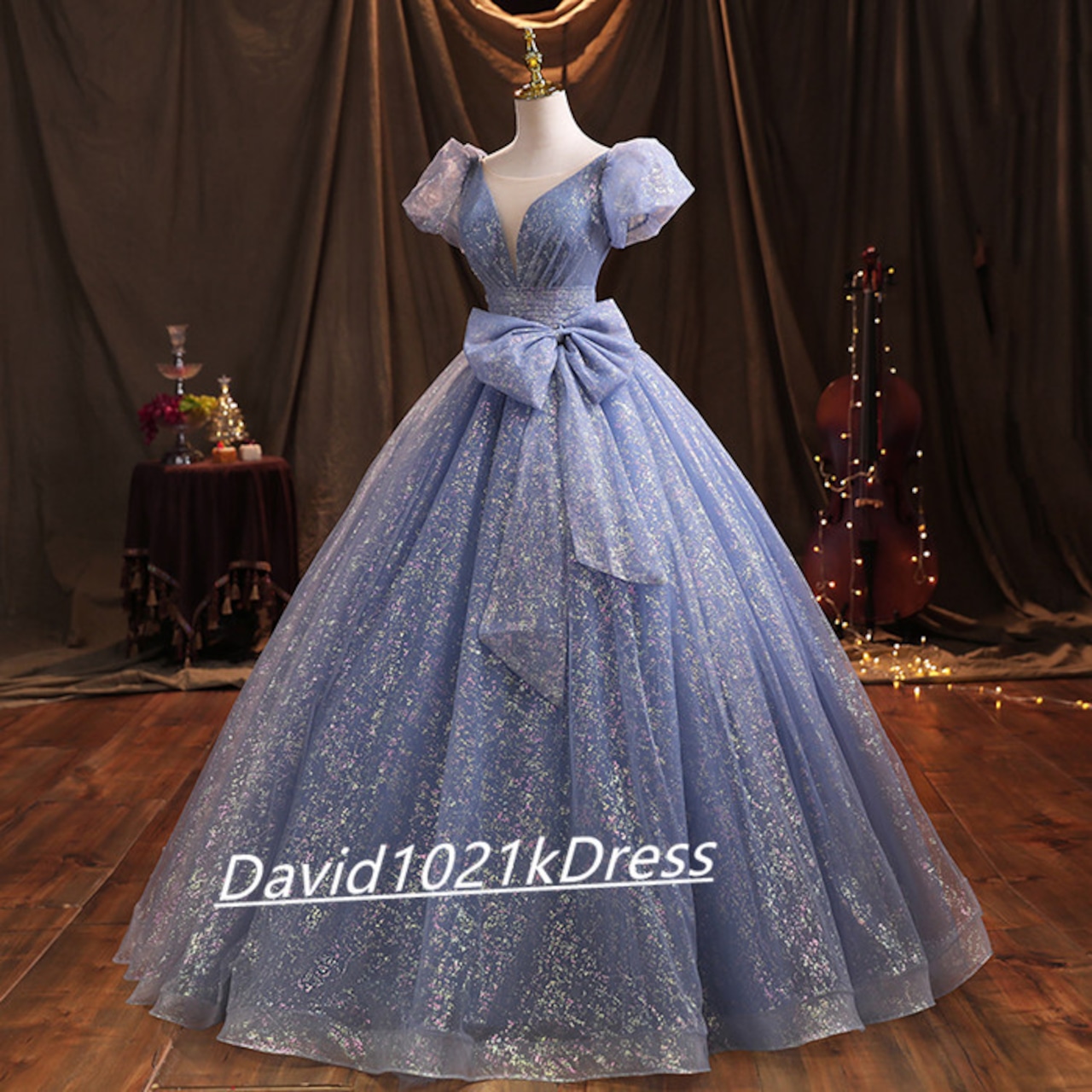 上品！ パーティードレス 青/ブルー キラキラチュール リボン  