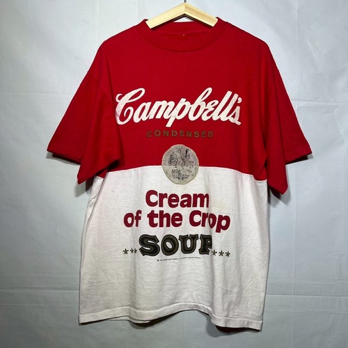 80s〜 Campbells ヴィンテージ Tシャツ アンディウォホール M/L相当 缶スープ 赤 白 半袖 コットン USA ツートン プリント シングル 90s