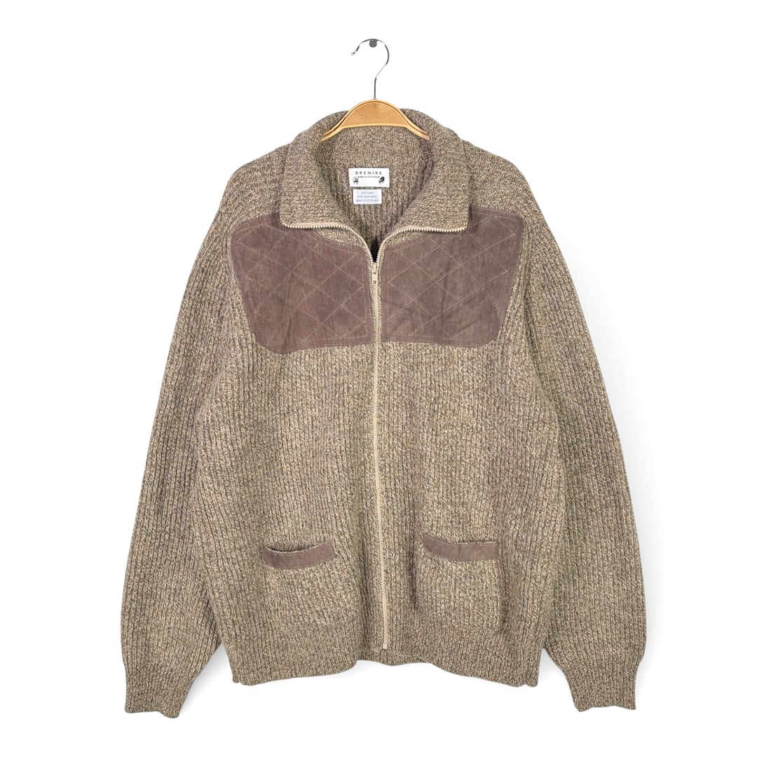 80s BRENIRE スコットランド製 ジップセーター シェットランドセーター ウール スウェードレザー エルボーパッチハイゲージ サイズXL相当 古着 CH1114