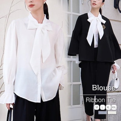 ボウタイブラウス ブラウス 長袖 レディース トップス リボンタイ リボン シャツ リボンブラウス バルーン袖 前開き きれいめ ト スーツー 長袖ブラウス ロングブラウス シャツブラウス 女性 上品