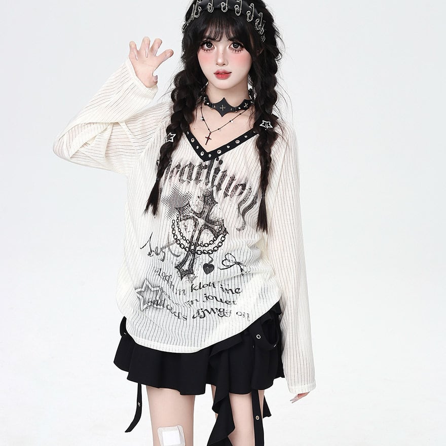 ゴスロリ通販 With U ゴスロリ系 地雷 Tシャツ Vネック 長袖 CRAZYGIRL ダークファッション 闇かわいい Y2K 原宿ファッション