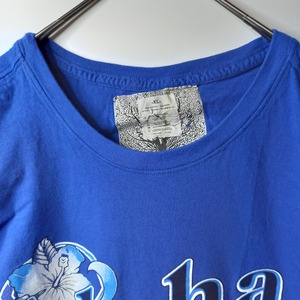 アロハ　クルーネック　プリントTシャツ　ビッグプリント　半袖　ブルー　XL