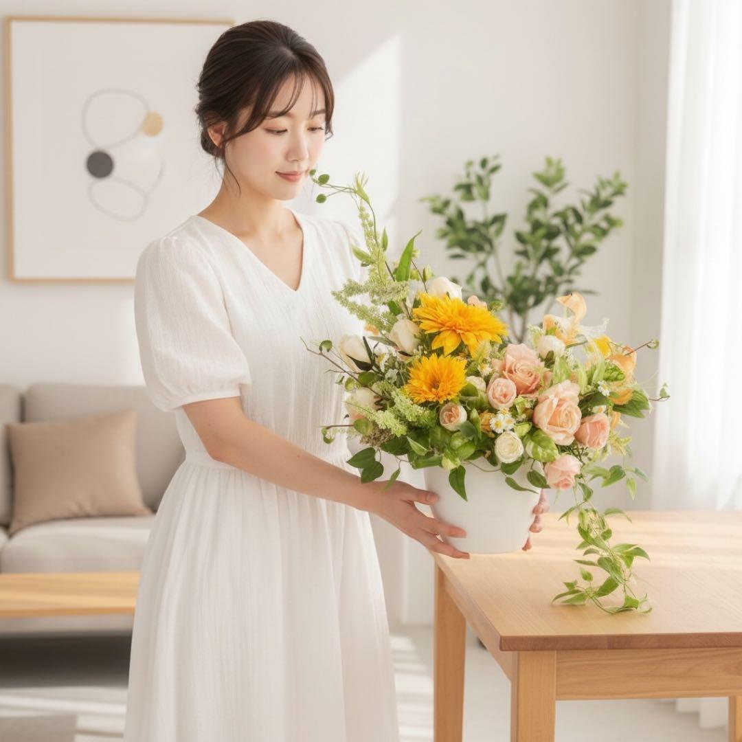 光触媒 季節を彩る 爽やかな夏のフラワーアレンジ｜ひまわりとローズの