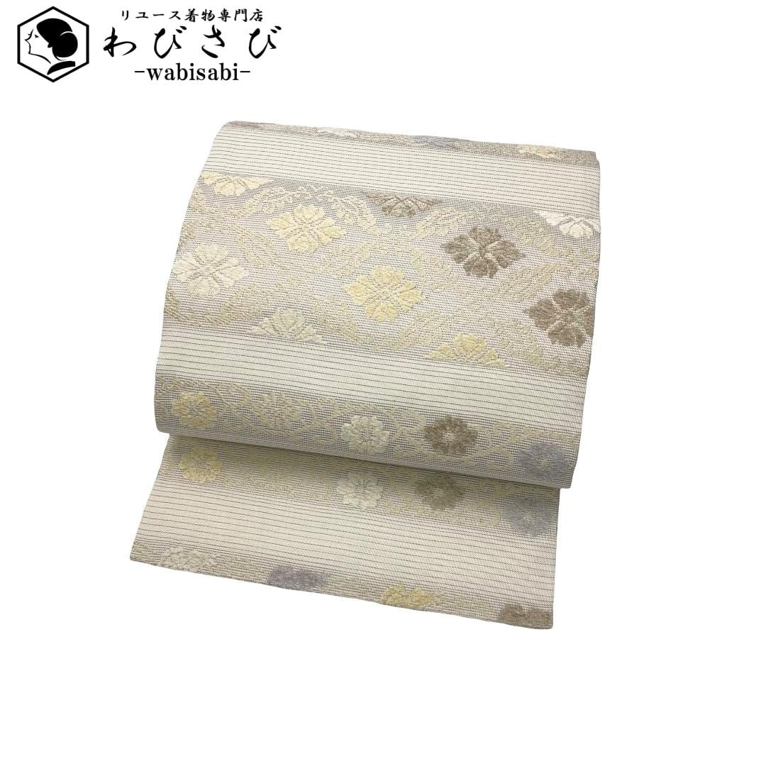 夏帯 名古屋帯 絽 横段華模様 金糸 生成色 O-6348 着物 きもの kimono