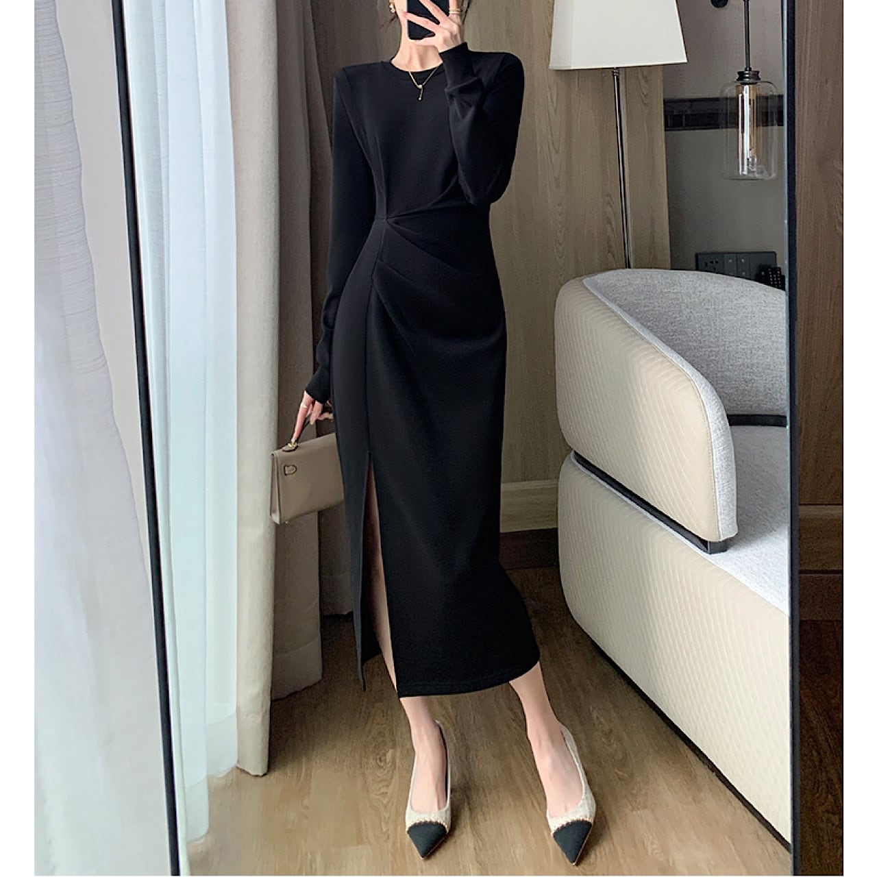 韓国風ブラック ロングワンピース YH8369