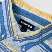 LANDS' END ランズエンド ボーダー柄 シアサッカー 半袖シャツ サイズ L /メンズ/ブルー×水色×イエロー