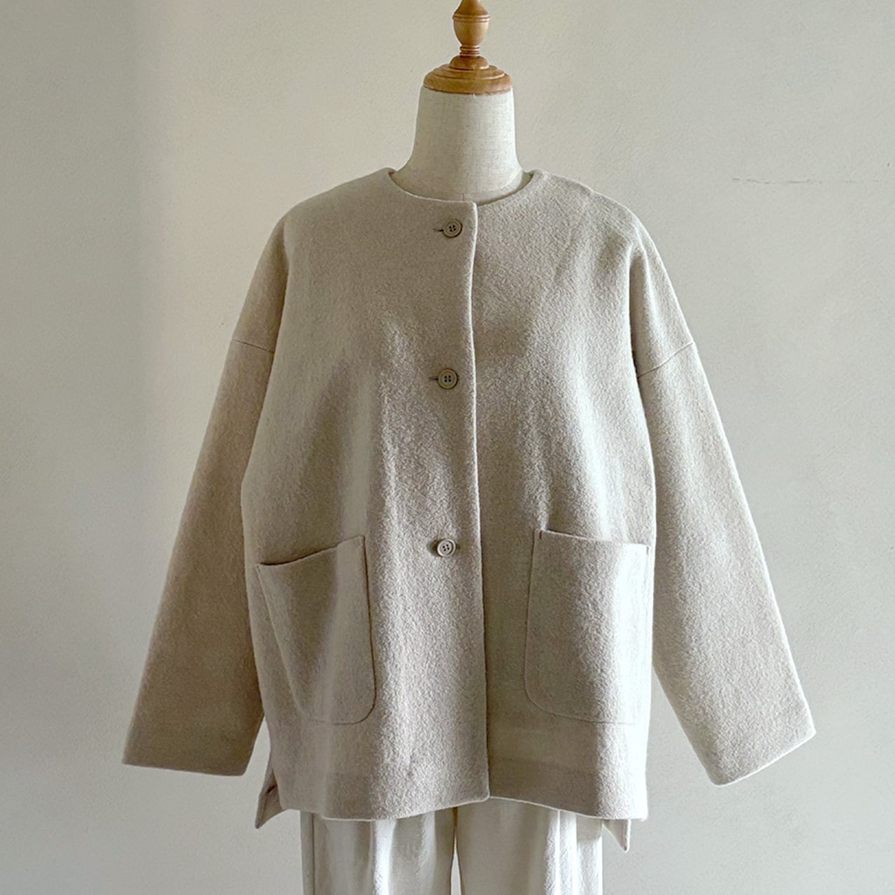 press wool no collar jacket プレスウールノーカラージャケット evam