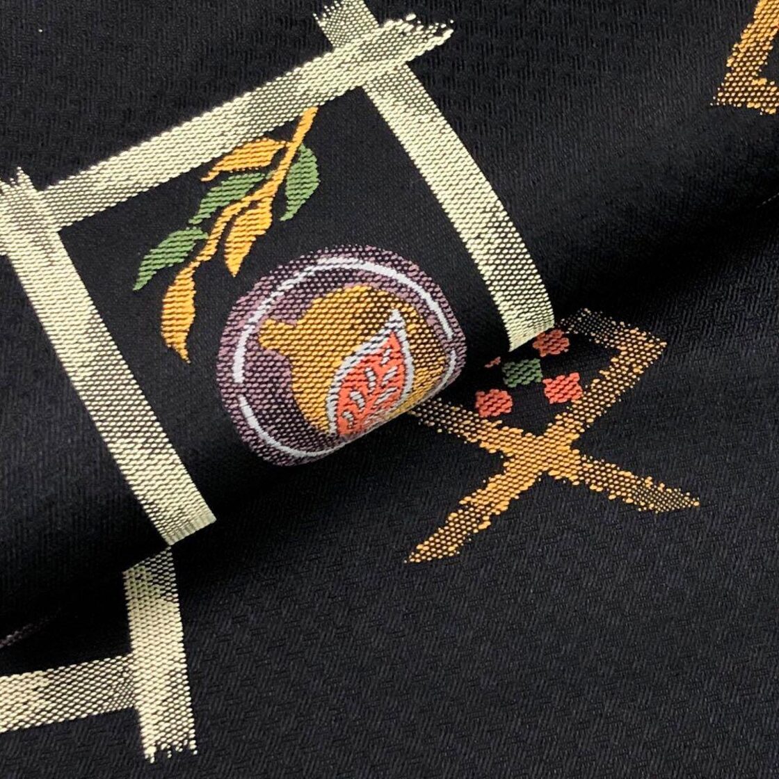 O-2041 洒落帯 安から 袋帯 蜻蛉 笹 手描き ガード加工 青鈍色 