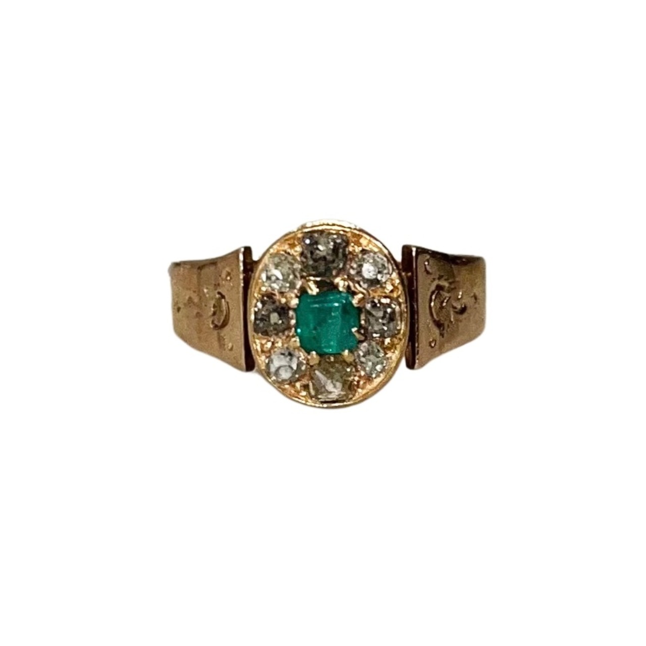 vintage 9ct gold emerald ring surrounded with old cut diamond