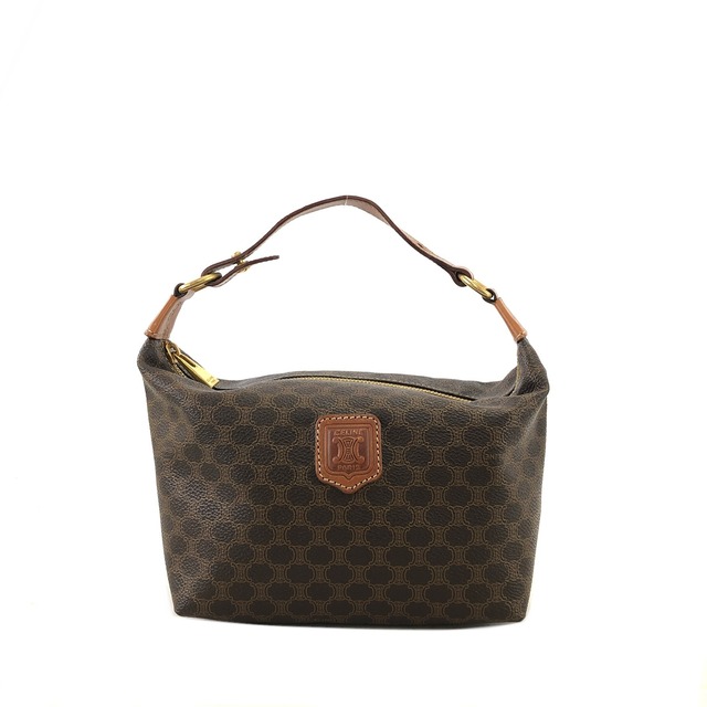 CELINE セリーヌ マカダム ブラゾン型押し レザー バニティバッグ ミニバッグ ハンドバッグ ブラウン vintage ヴィンテージ オールド 4r3t4f