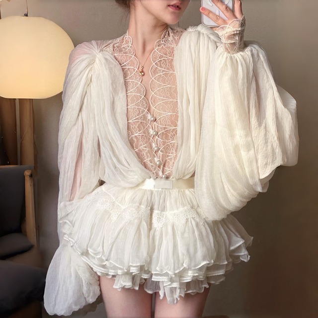 【set】レースドッキングブラウス×ミニスカートセット     N3543