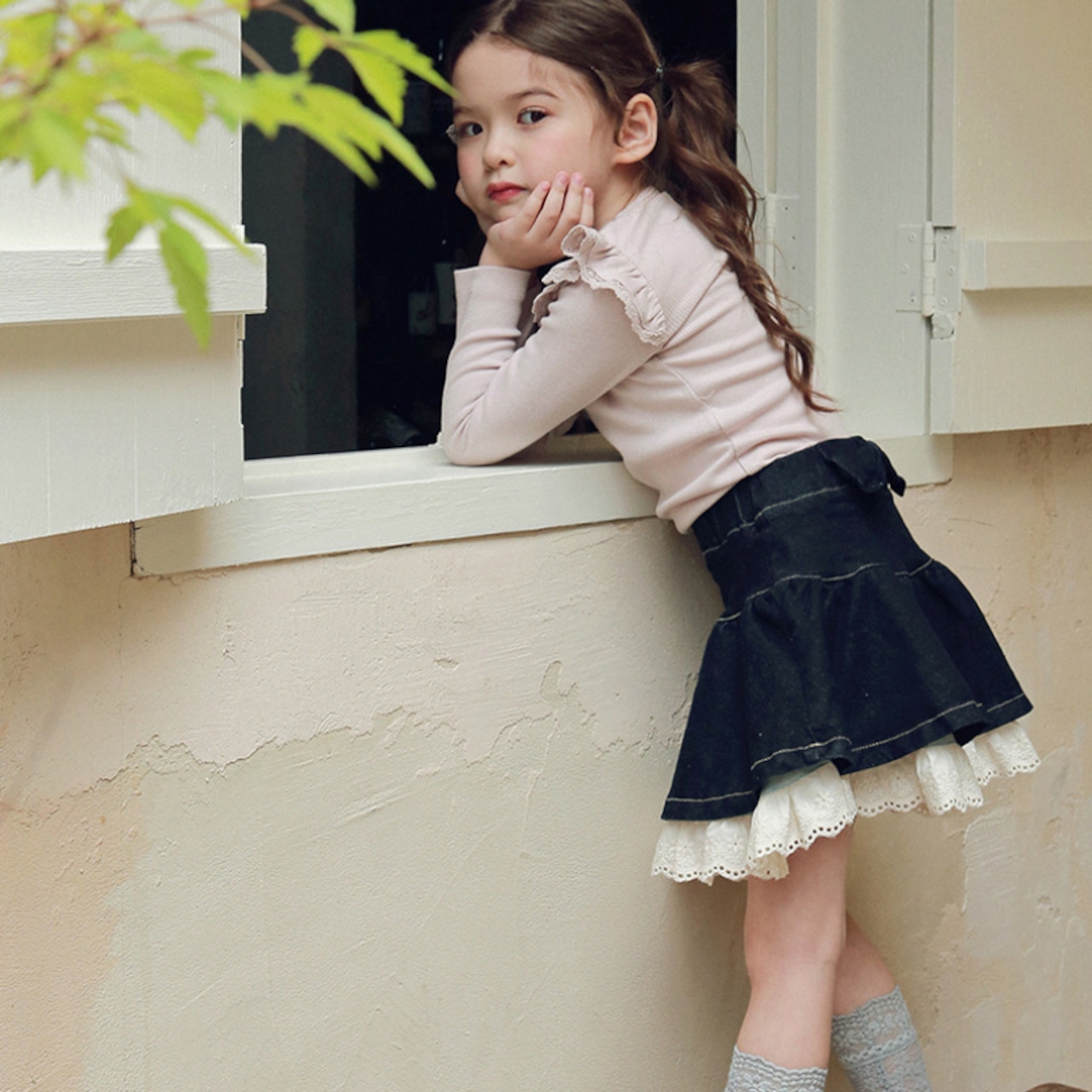 秋レース切り替えデニムスカート2色