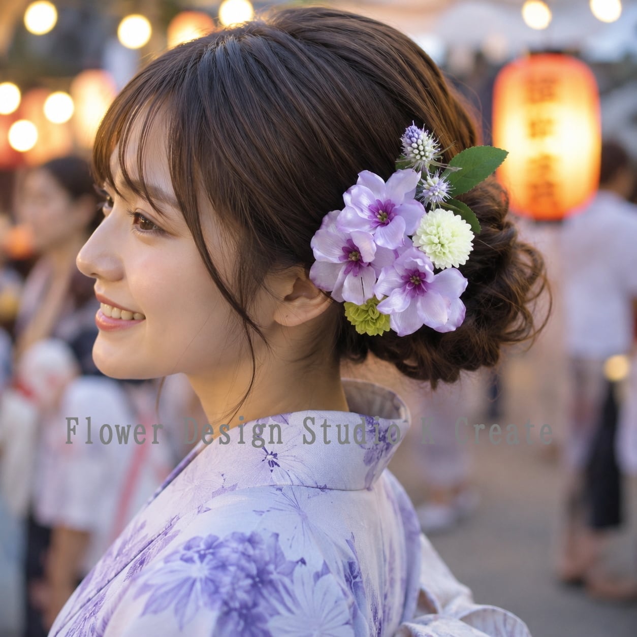 紫のデルフィニュウムとマムの髪飾り 造花 紫 パープル 髪飾り 黄緑 デルフィニュウム 浴衣