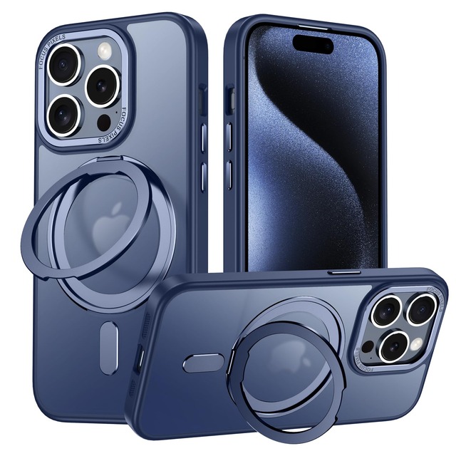 iPhone 15 Pro 用 ケース Magsafe対応 360°回転スタンド Uovon ワイヤレス充電 ストラップ穴付き・ブルー