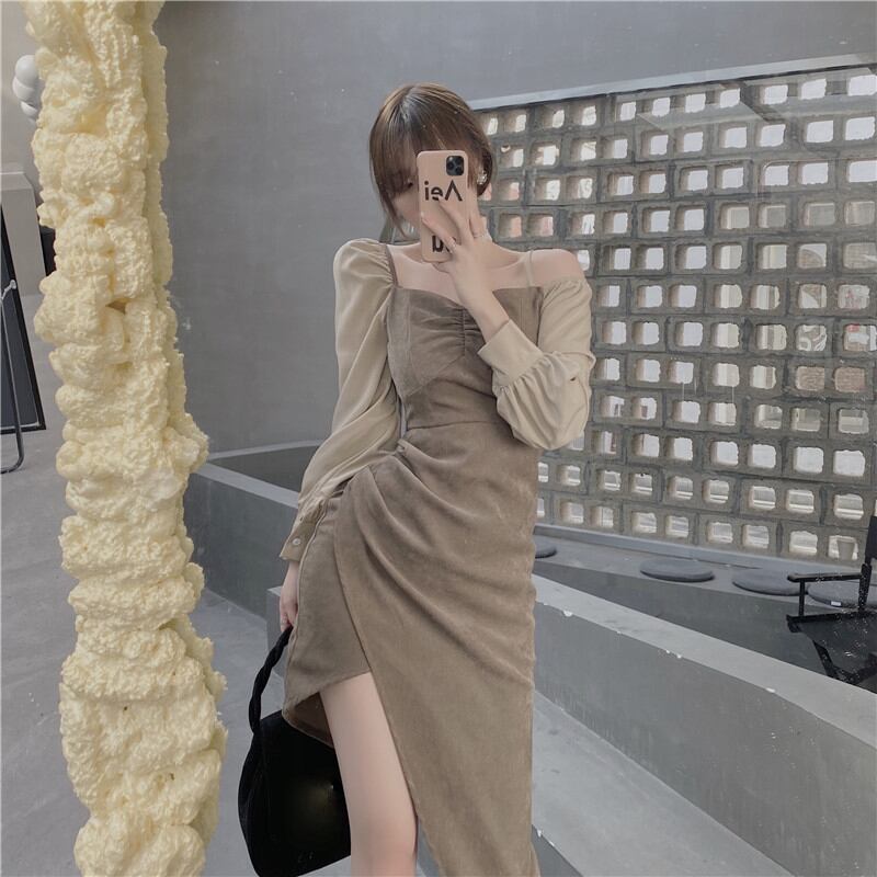 コーデュロイドレス レディースオータムウィンタースカート ウェスト ロング 秋物 冬物 ブラックストロベリース23015242925