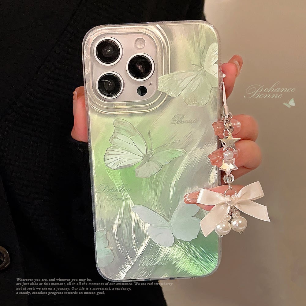 iPhone15対応】美しく舞うバタフライ◎艶やかなグリーン フェザー