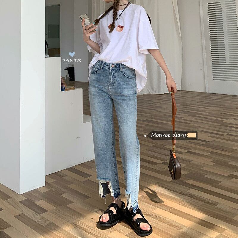 ジーンズ レディースサマー薄手ハイウェストウェストルーズパンツ 夏物 モンロー26424070008